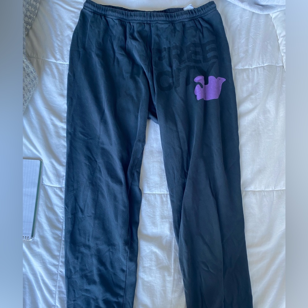 freecity Black Track Pants with Purple Whale Logo